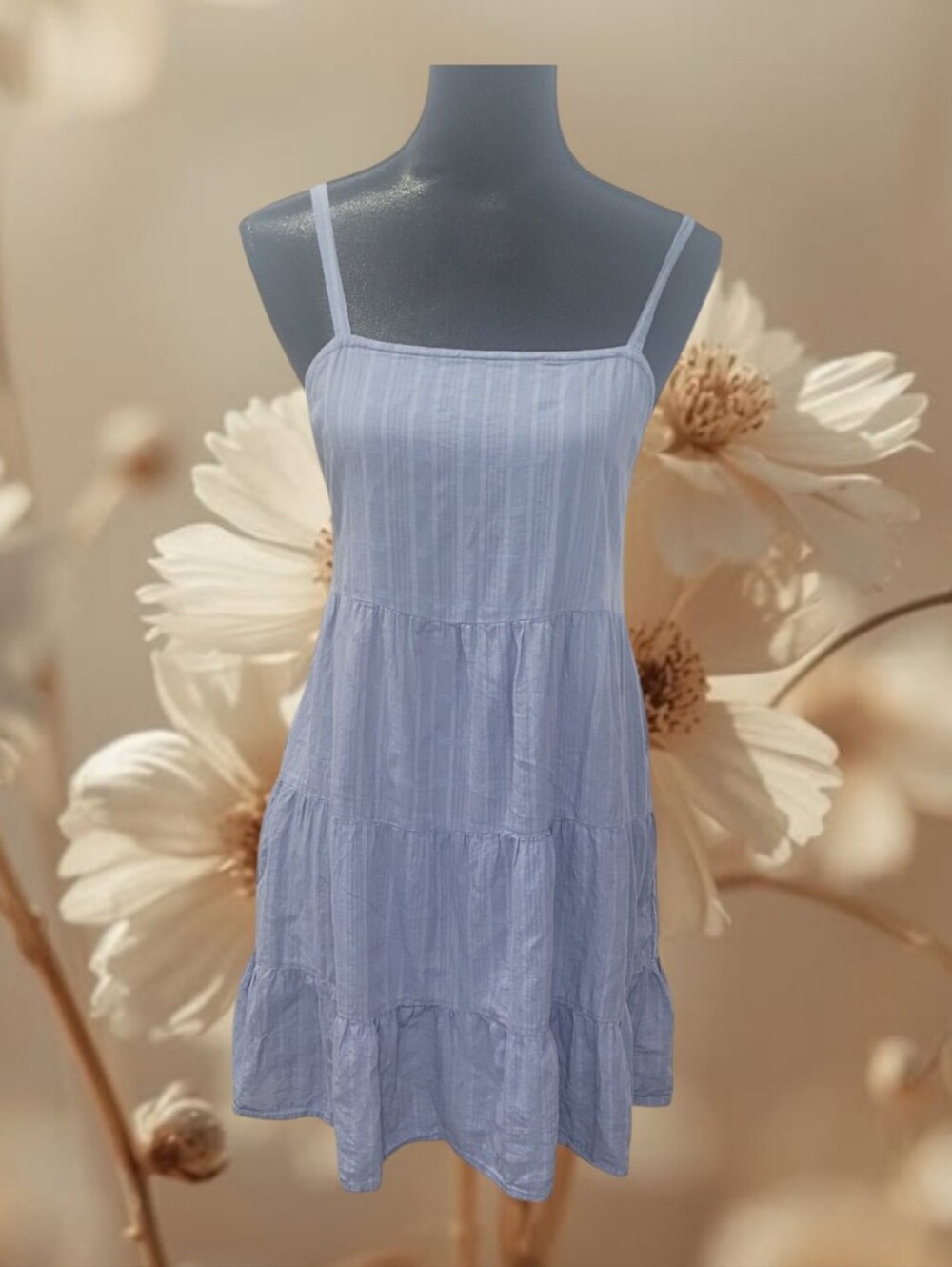 Old Navy Ladies Light Blue Textured Vertical Stripe Babydoll Tiered Dress